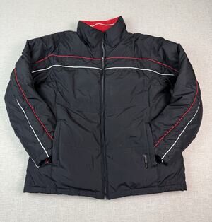 O-Zone Men’s Large Black Down Puffer Jacket Red White Trim Full Zip